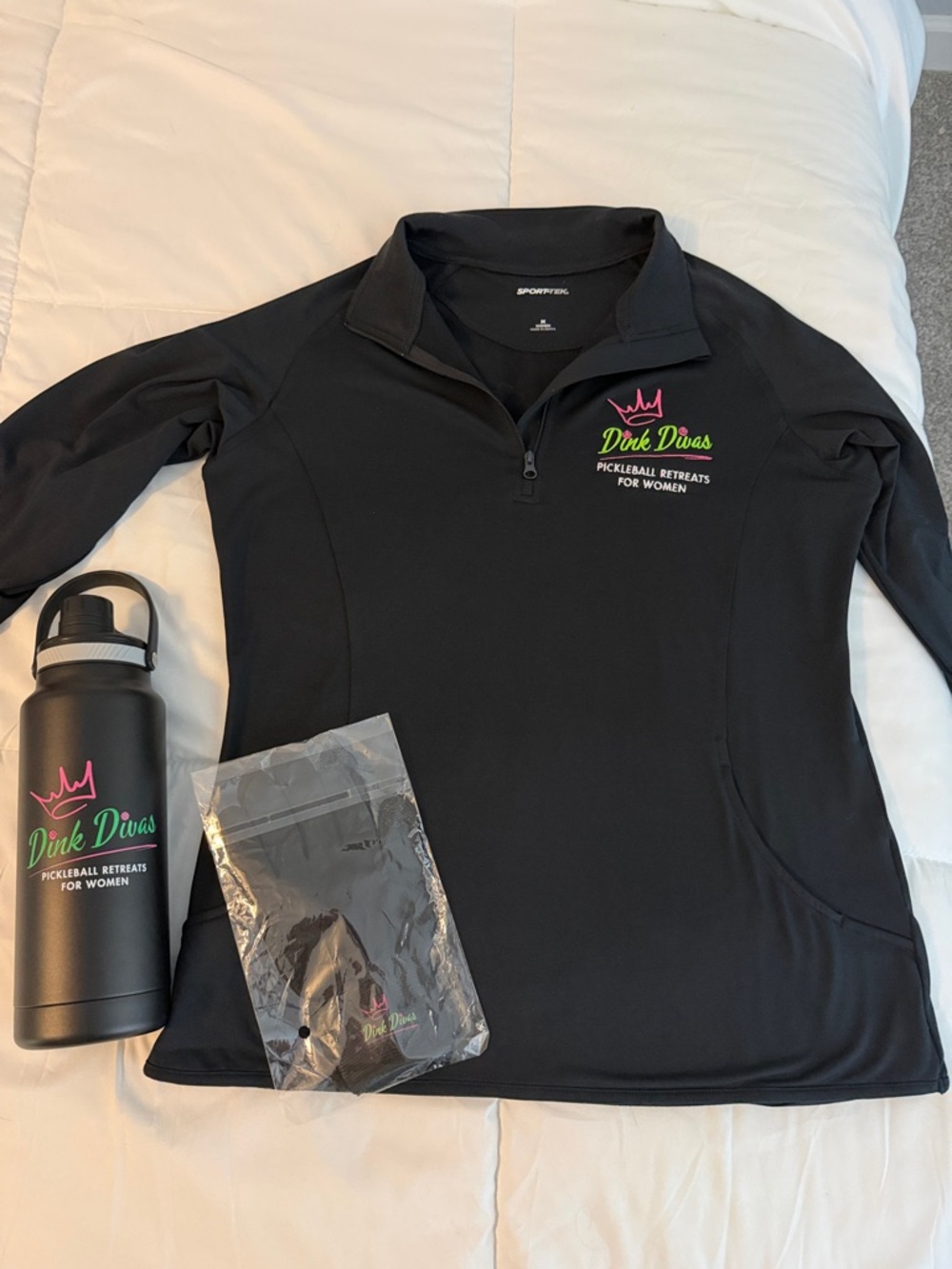 Sport-Tek Women’s Black Quarter-Zip with Pink & Green 'Dink Divas' Logo